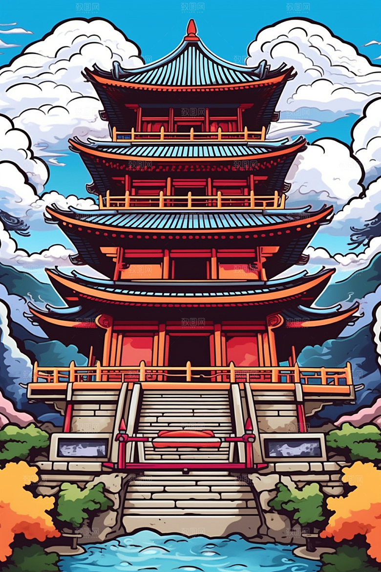 国潮风建筑艺术亭台楼阁插画