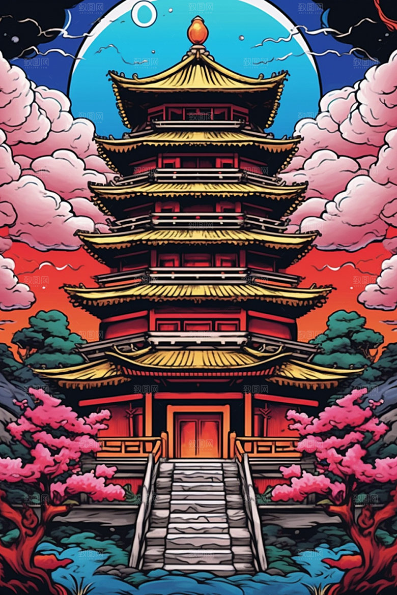 国潮风建筑亭台楼阁艺术插画
