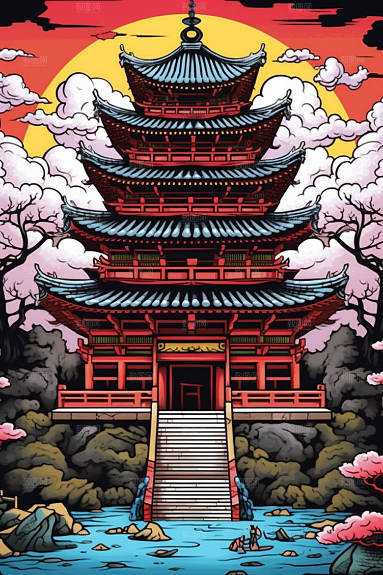 国潮风建筑艺术传统风格插画