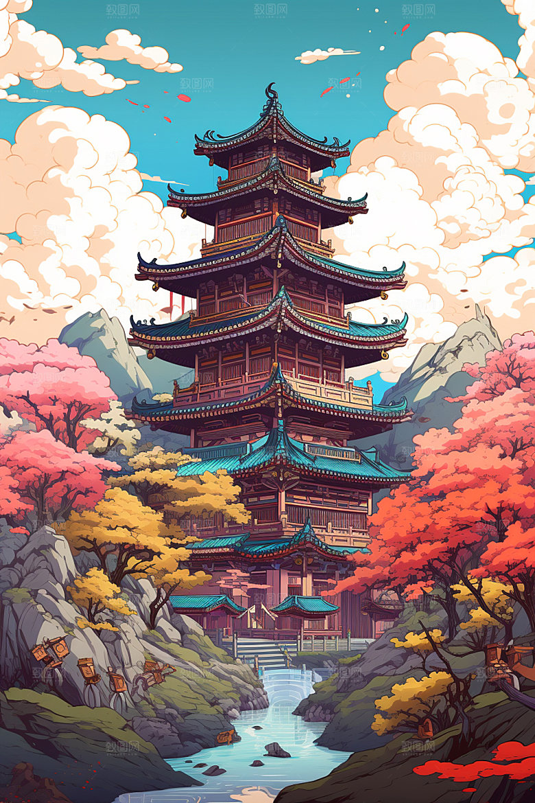 国潮风建筑亭台楼阁中式插画