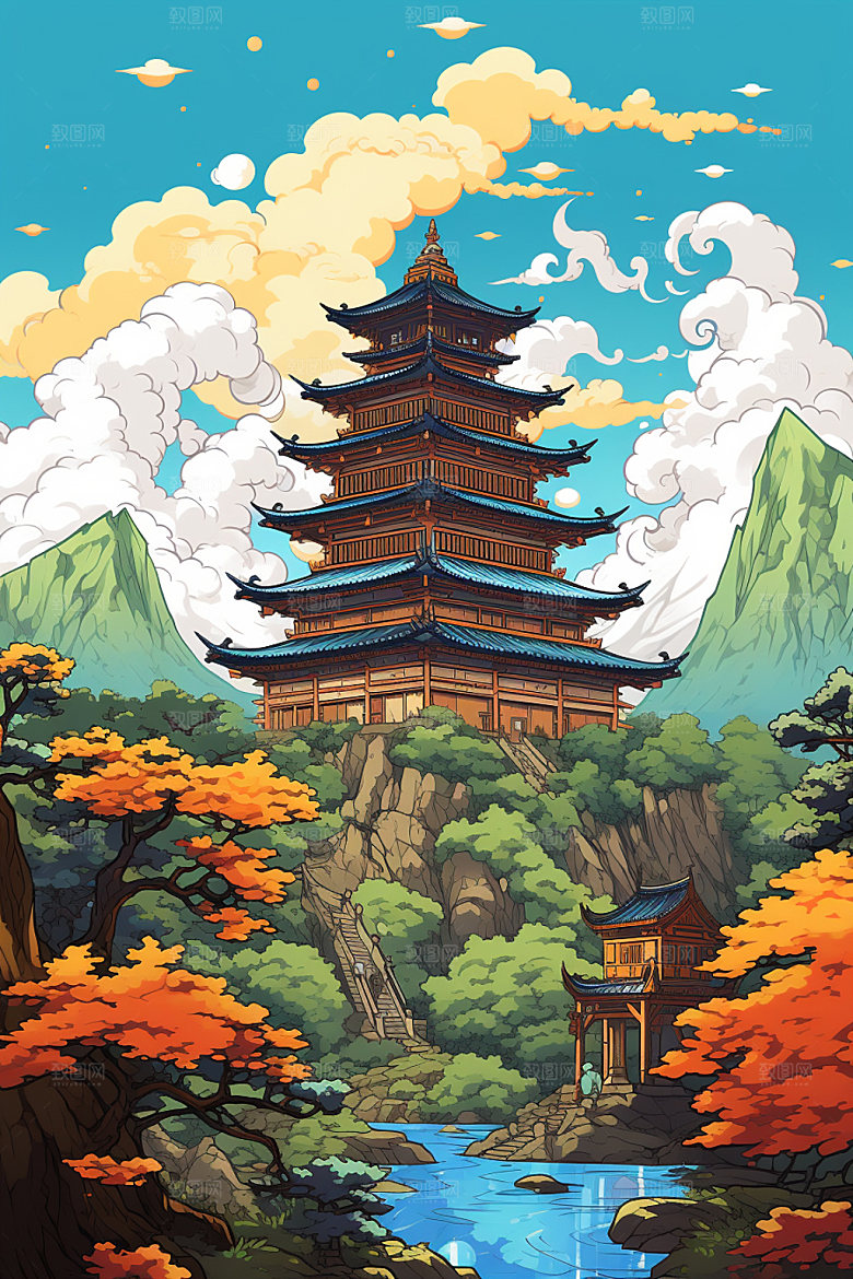 国潮风建筑传统风格中国风插画