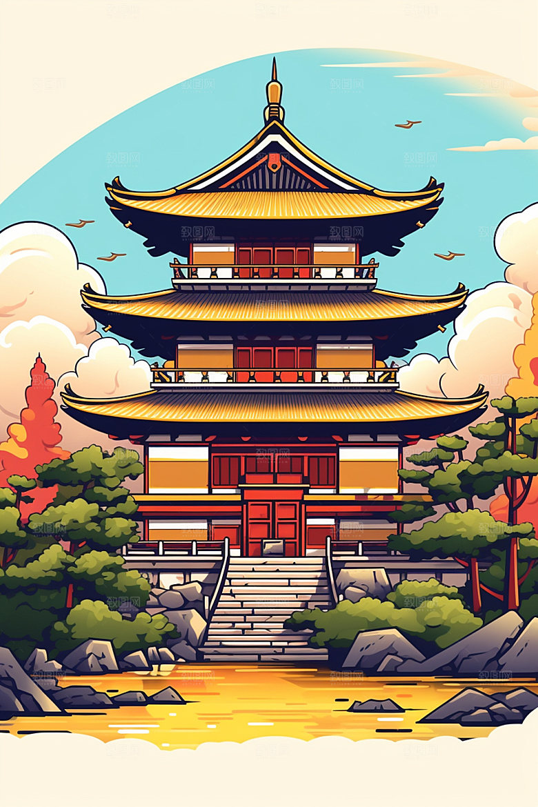 国潮风建筑艺术中国风插画