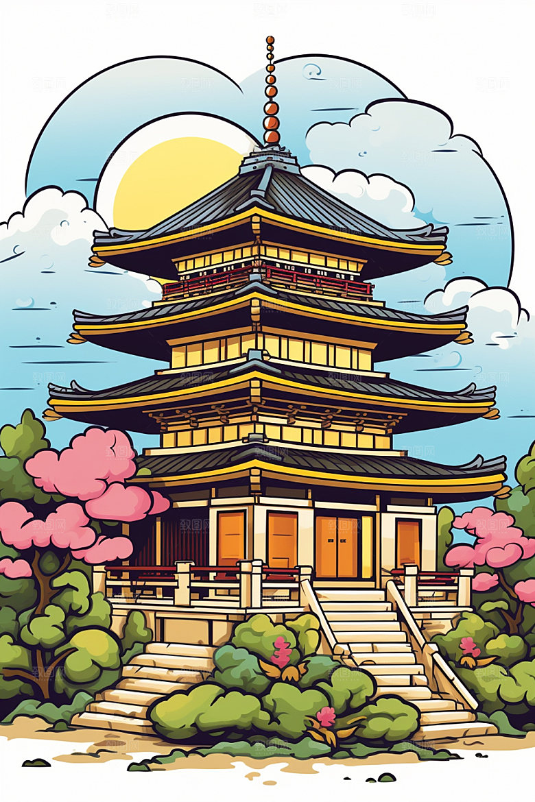 国潮风建筑亭台楼阁传统风格插画