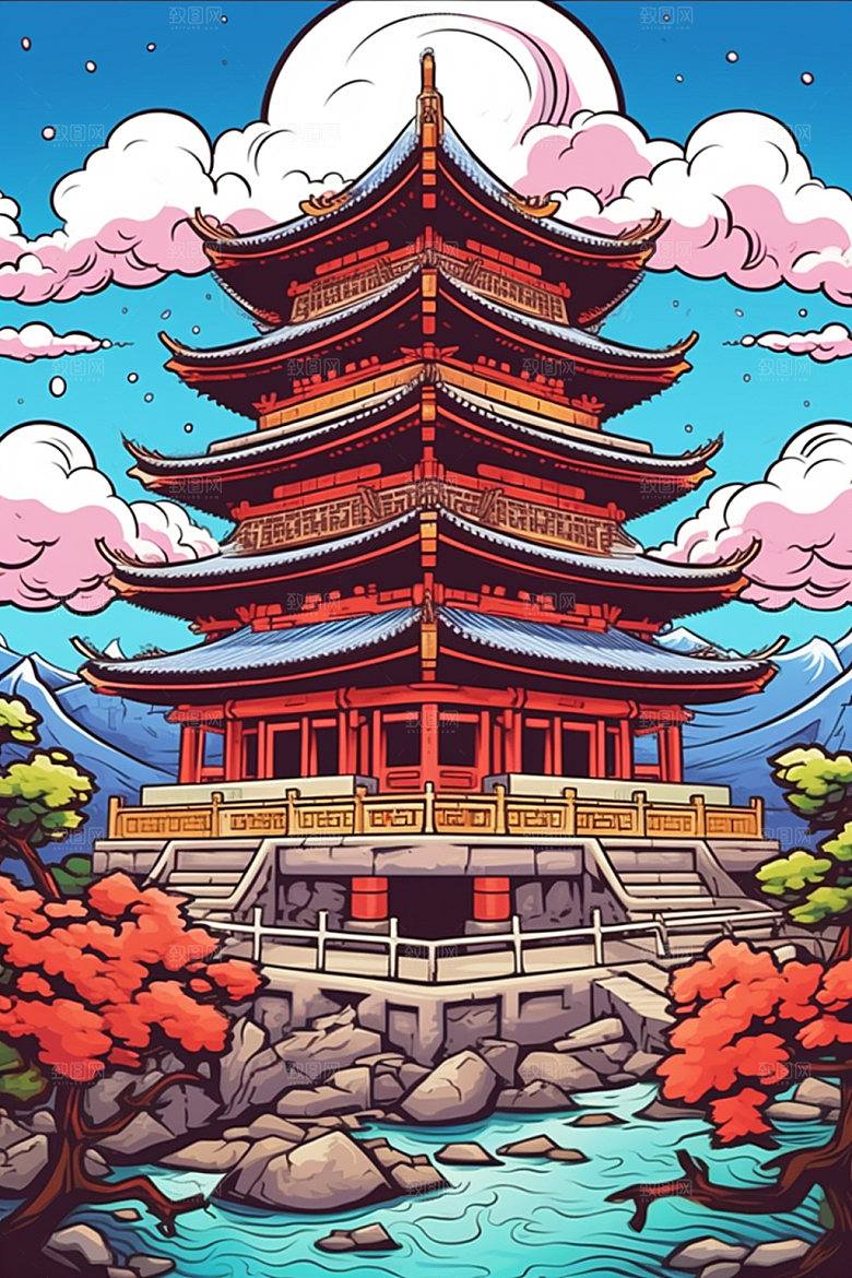 国潮风建筑艺术传统风格插画
