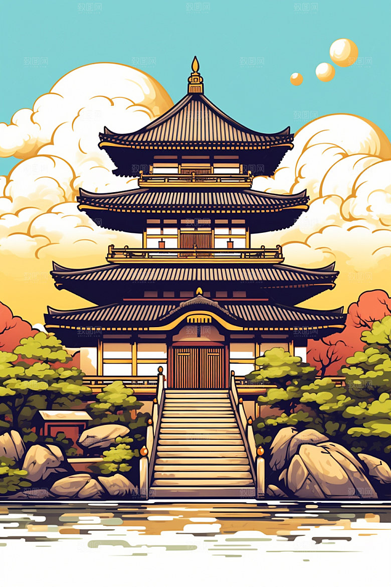 国潮风建筑艺术中式插画