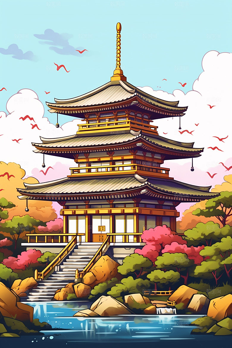 国潮风建筑亭台楼阁中式插画