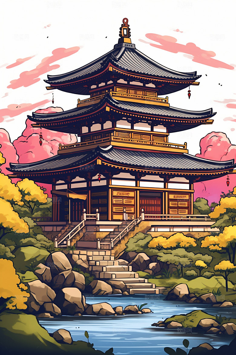 国潮风建筑中国风传统风格插画
