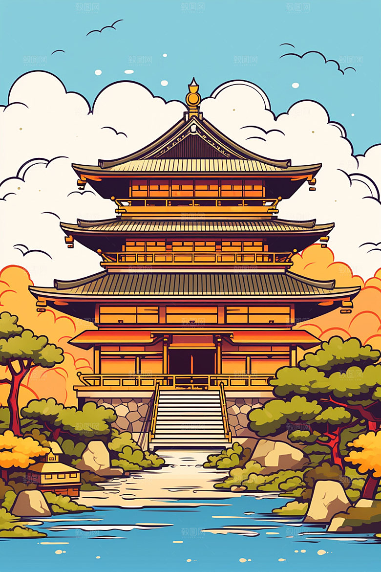 国潮风建筑亭台楼阁传统风格插画