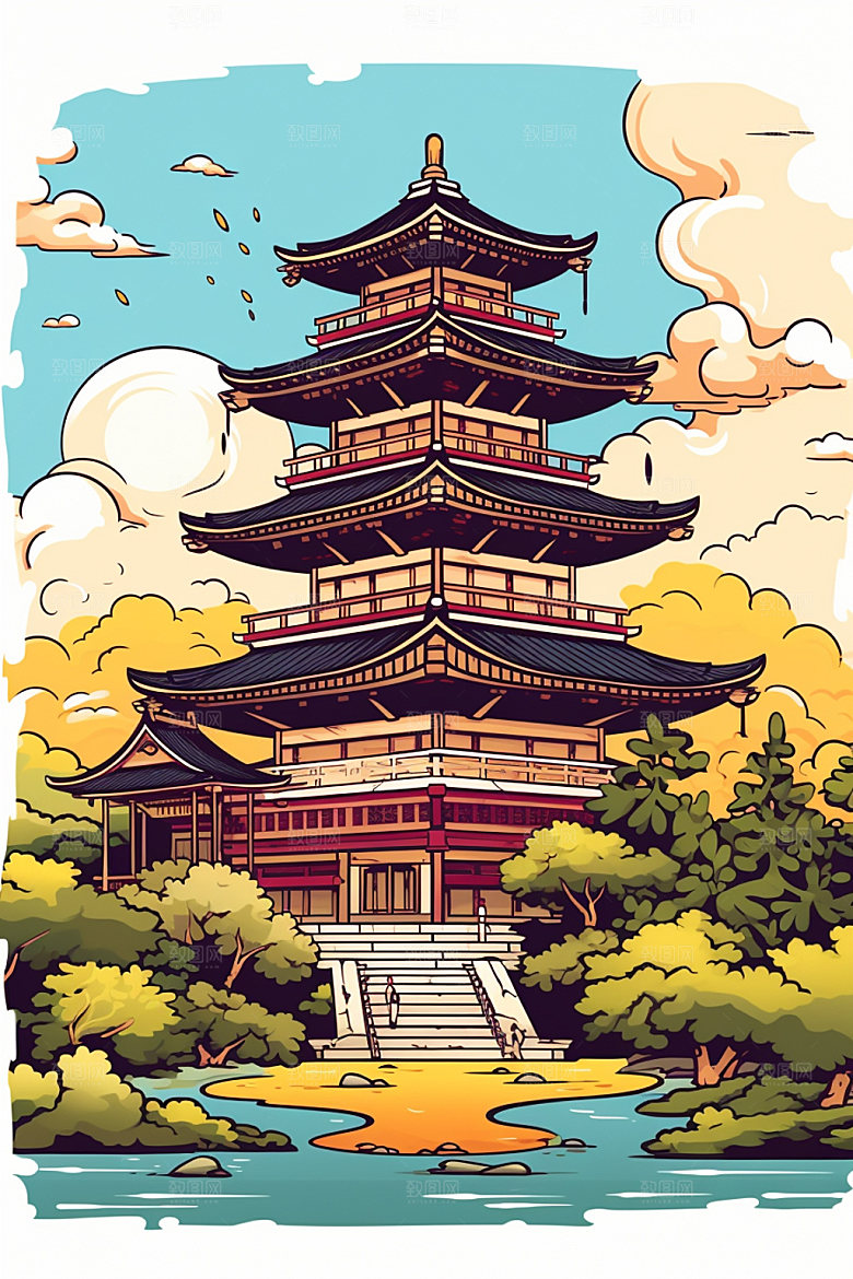 国潮风建筑亭台楼阁传统风格插画