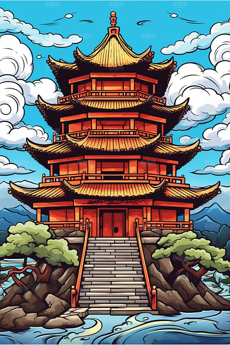 国潮风建筑亭台楼阁传统风格插画