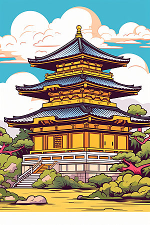 国潮风建筑传统风格中式插画