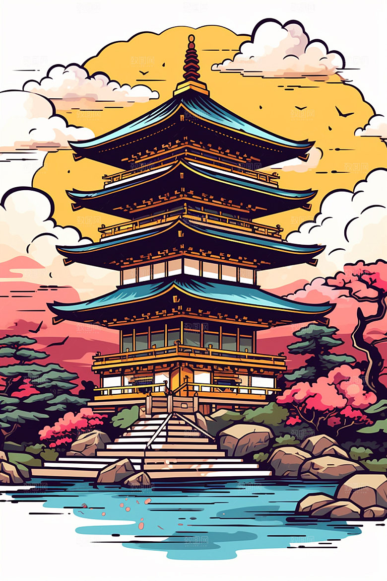 国潮风建筑传统风格艺术插画