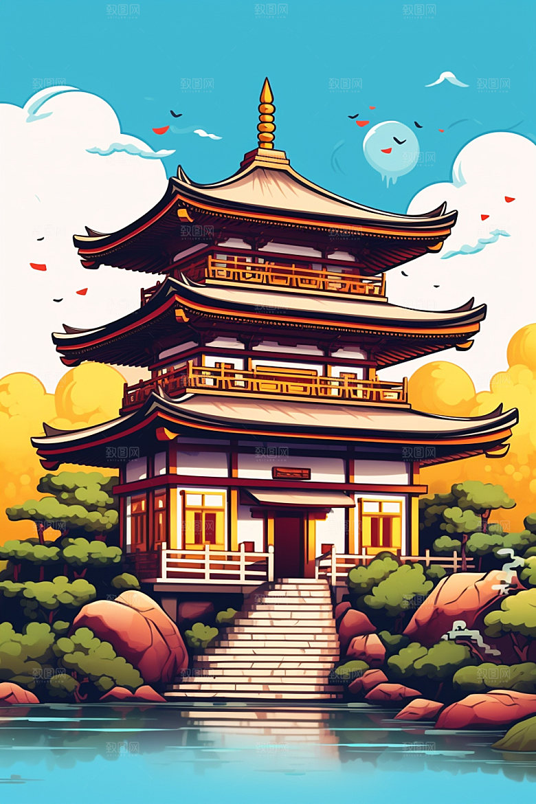 国潮风建筑中国风传统风格插画