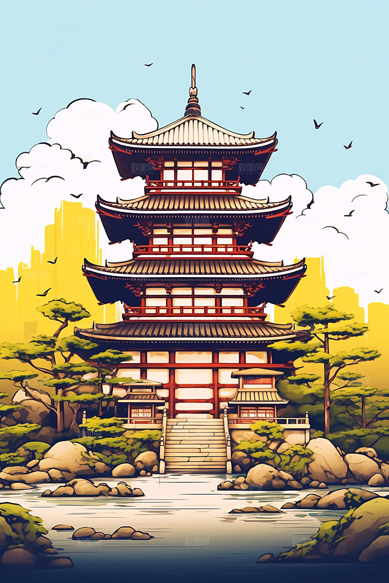 国潮风建筑传统风格中式插画