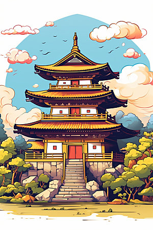 国潮风建筑中式传统风格插画