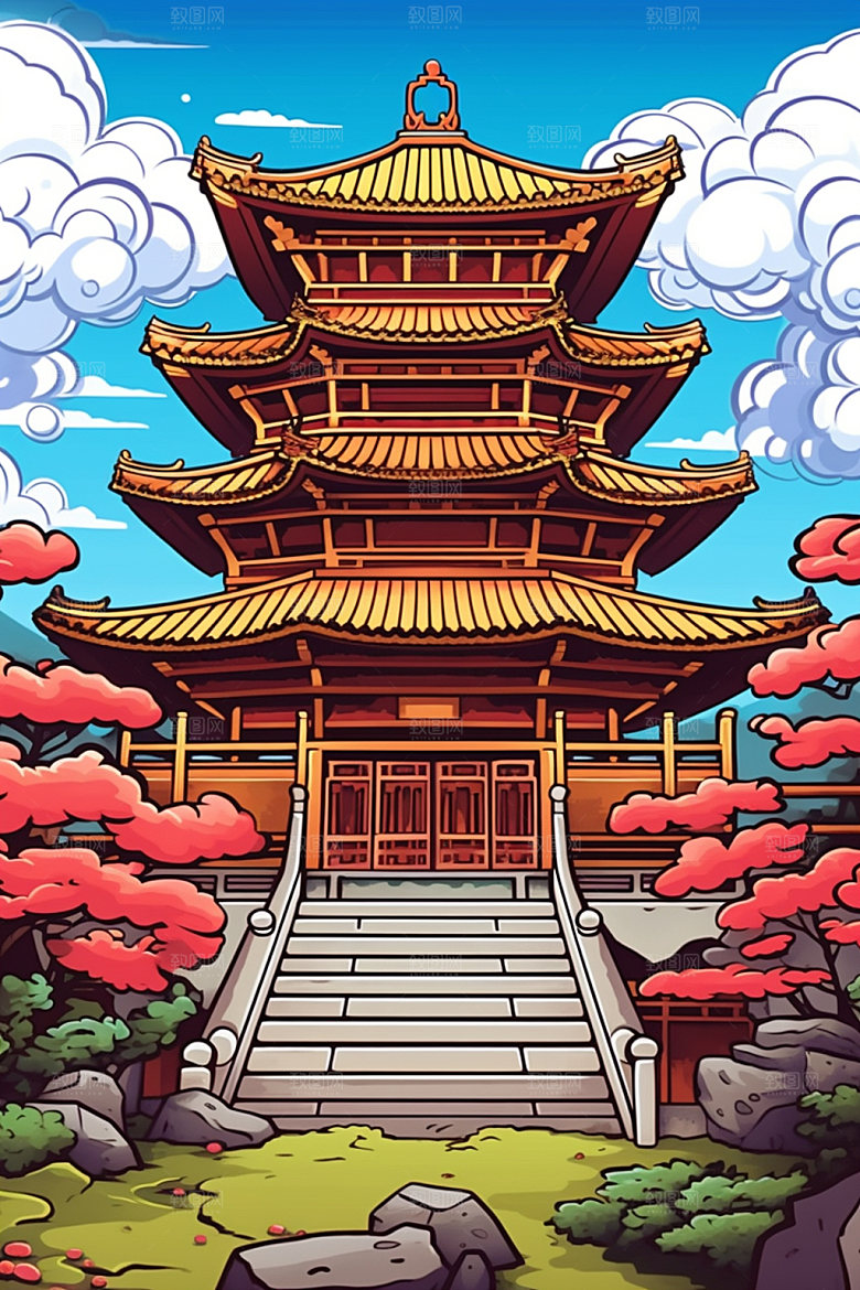 国潮风建筑中国风中式插画