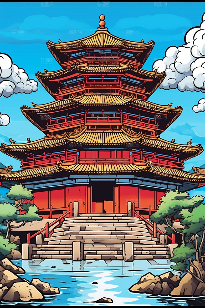 国潮风建筑亭台楼阁艺术插画