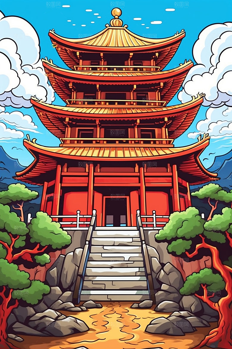 国潮风建筑传统风格艺术插画