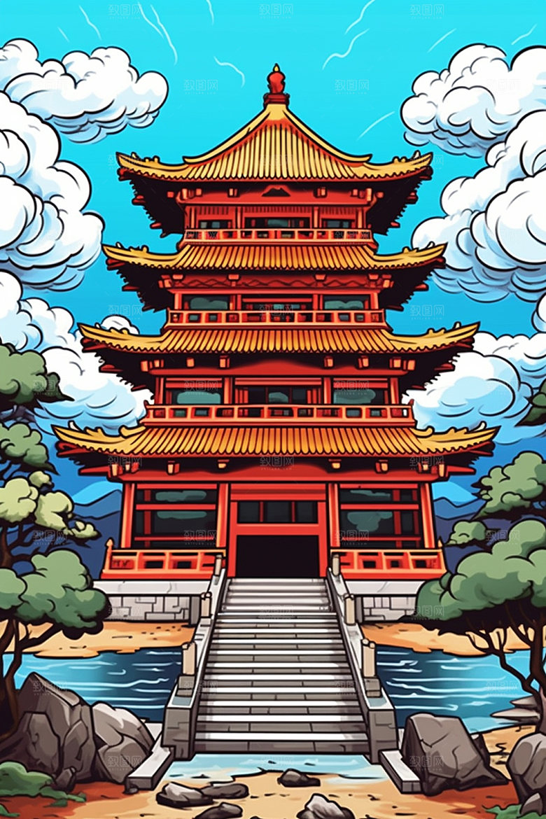 国潮风建筑中式亭台楼阁插画
