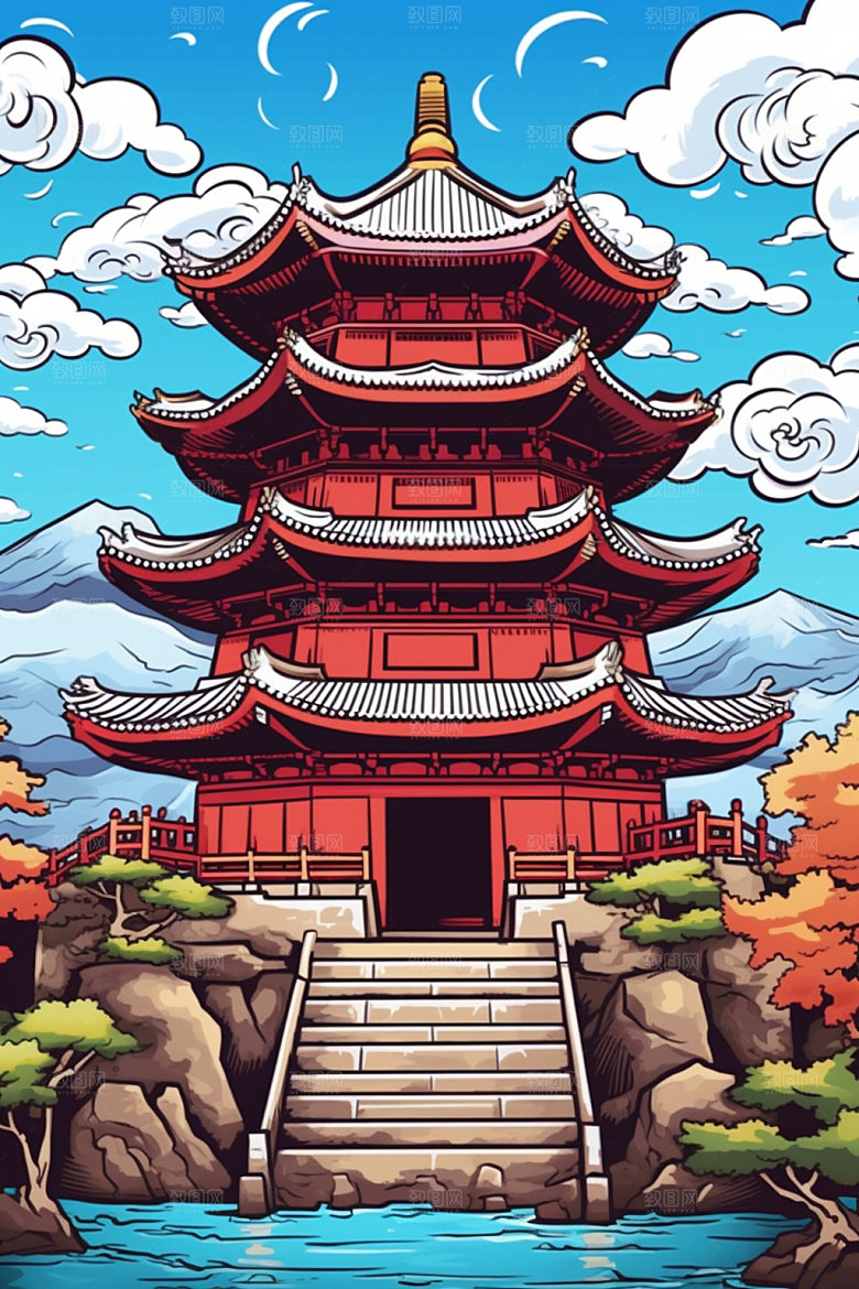 国潮风建筑中式亭台楼阁插画