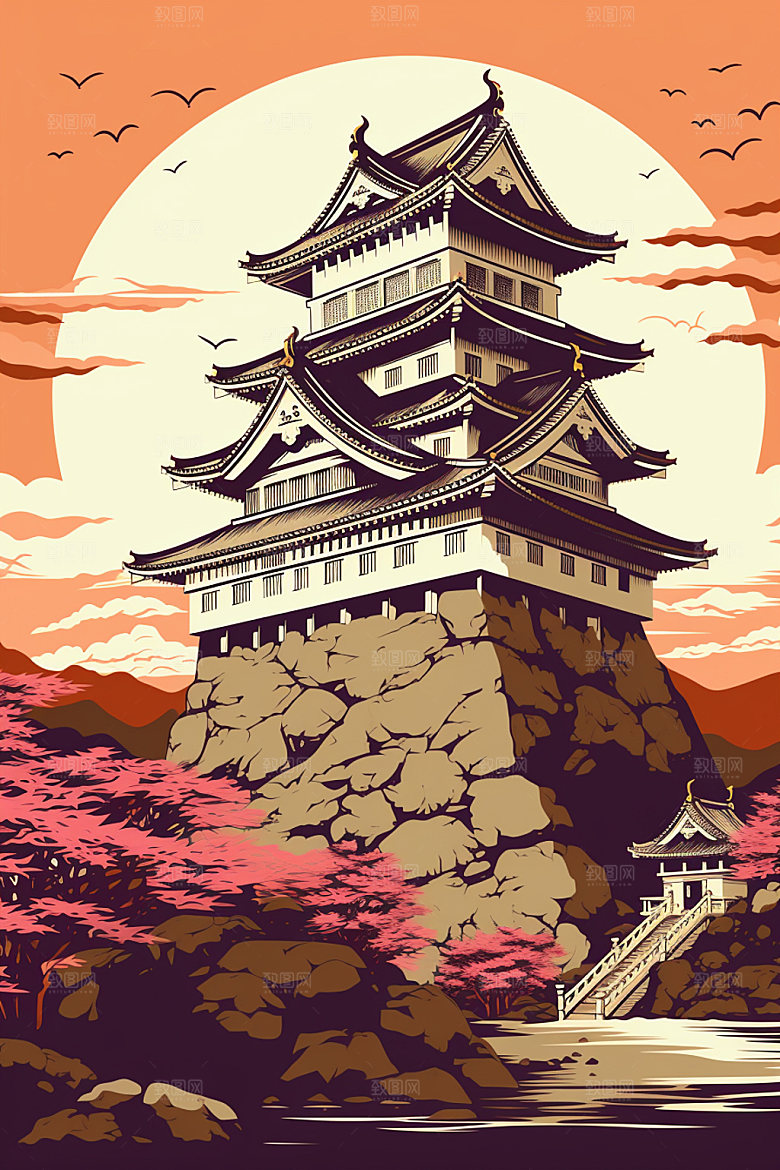 国潮风建筑中式艺术插画
