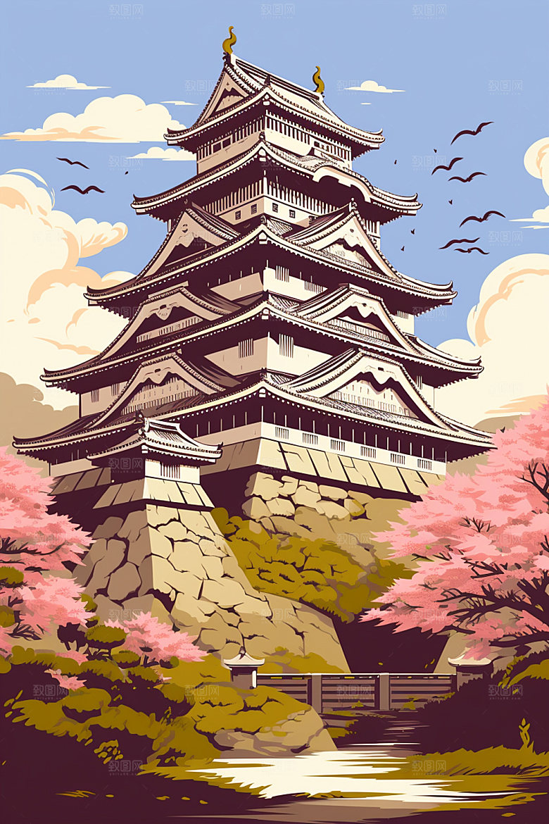 国潮风建筑亭台楼阁传统风格插画