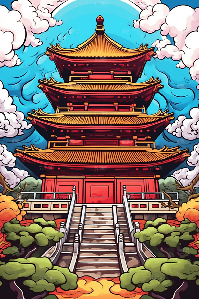 国潮风建筑亭台楼阁传统风格插画