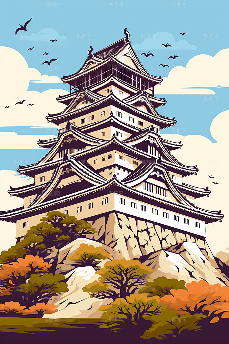 国潮风建筑传统风格中国风插画