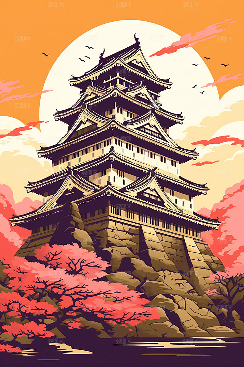国潮风建筑中式艺术插画