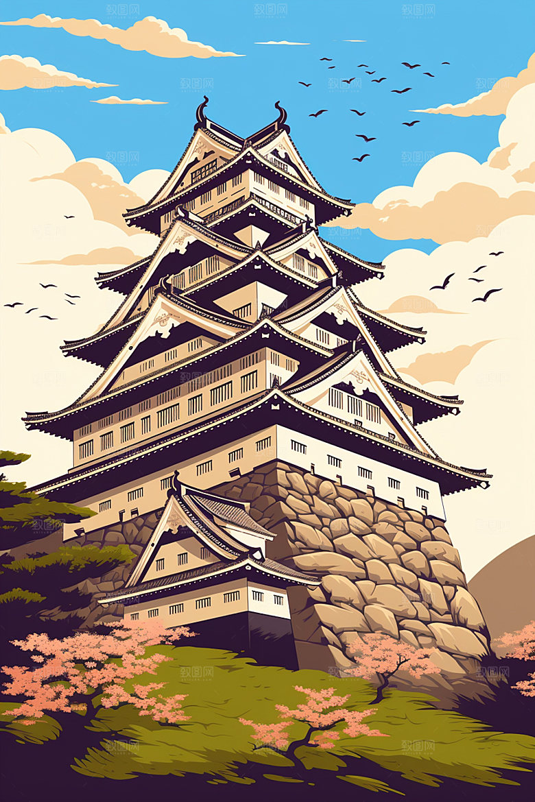 国潮风建筑亭台楼阁传统风格插画