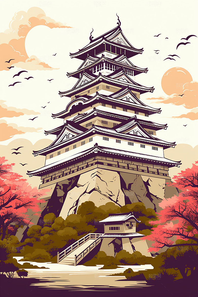 国潮风建筑艺术中国风插画