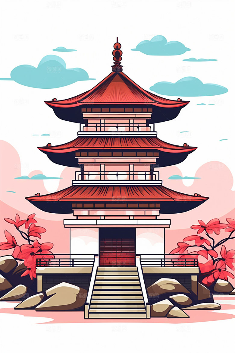 国潮风建筑传统风格艺术插画