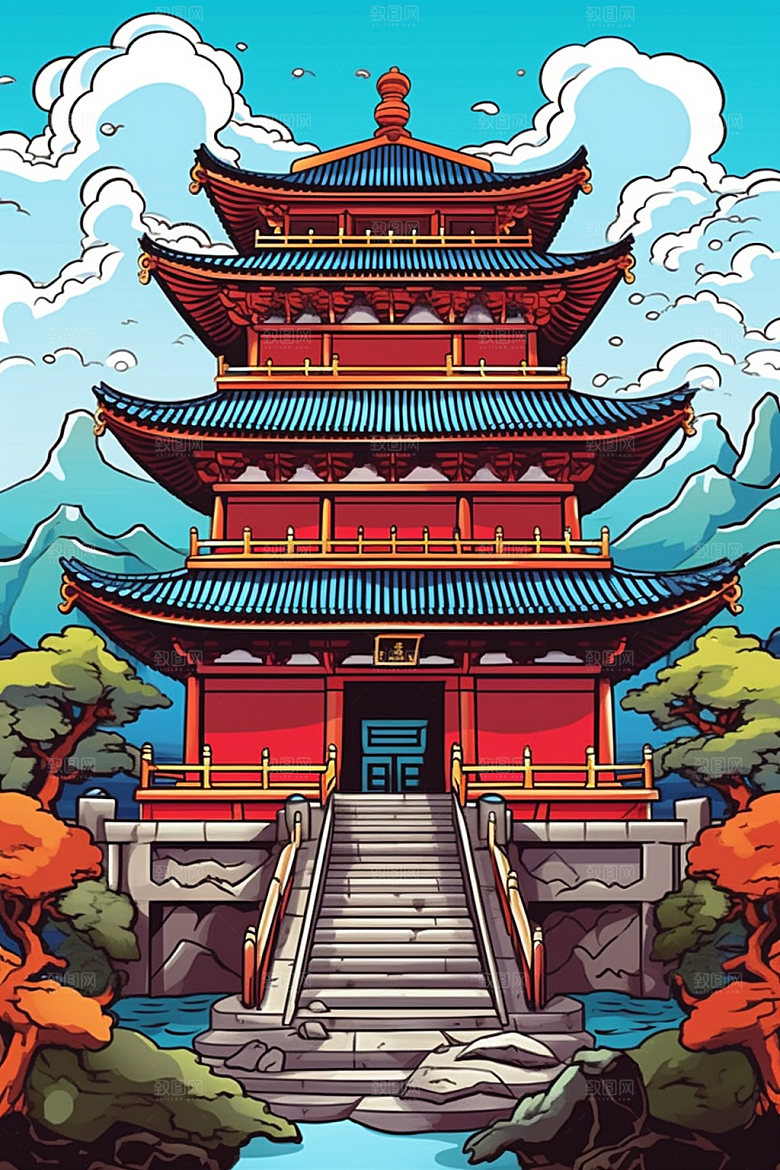 国潮风建筑亭台楼阁中国风插画