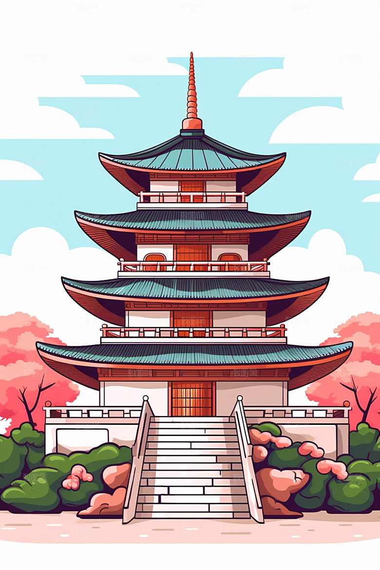 国潮风建筑亭台楼阁艺术插画