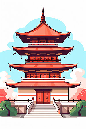 国潮风建筑中国风中式插画