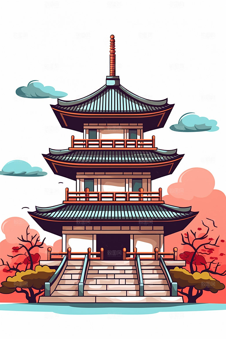 国潮风建筑中国风亭台楼阁插画