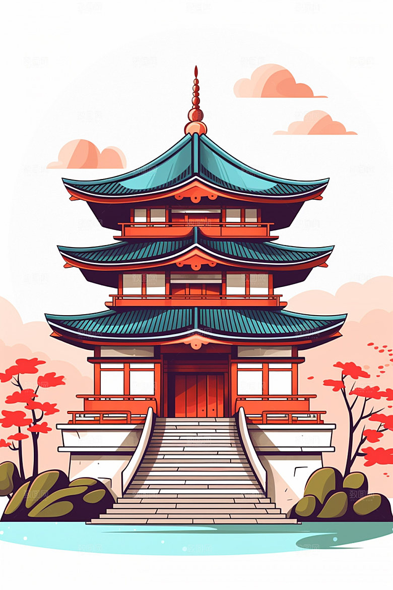 国潮风建筑传统风格艺术插画