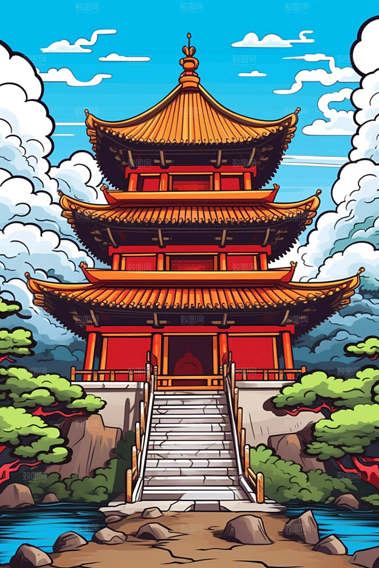 国潮风建筑中国风传统风格插画