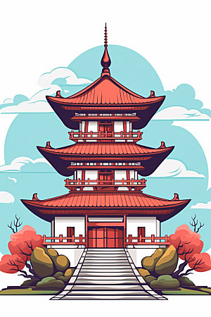 国潮风建筑艺术中式插画