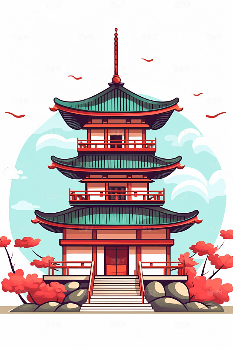 国潮风建筑亭台楼阁传统风格插画