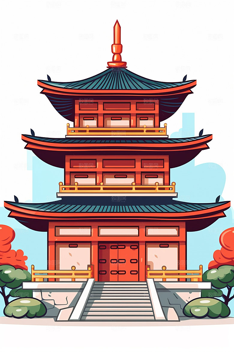 国潮风建筑中式亭台楼阁插画