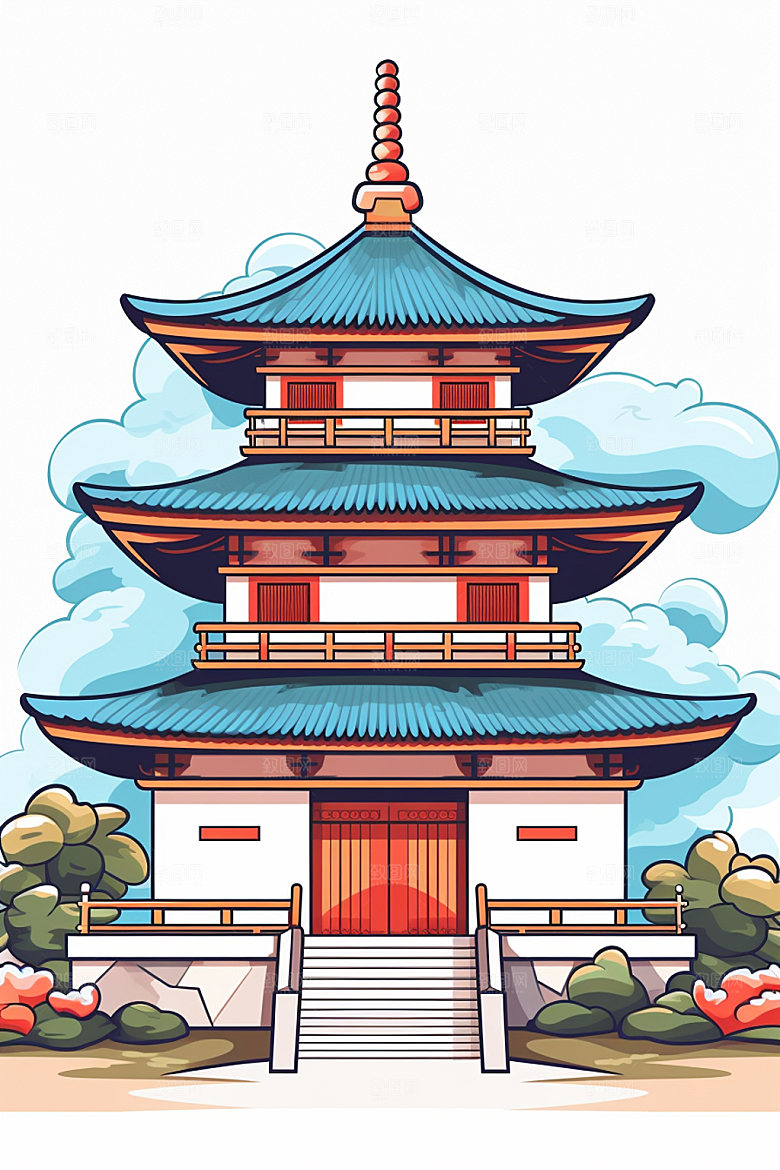 国潮风建筑传统风格中式插画