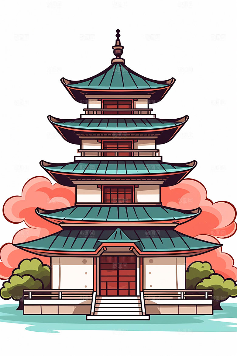 国潮风建筑亭台楼阁艺术插画