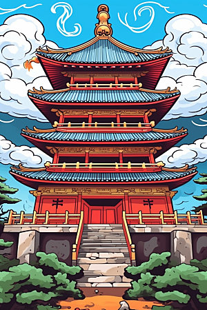 国潮风建筑艺术传统风格插画