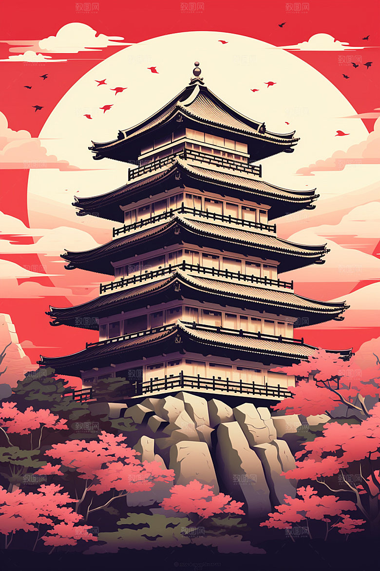 国潮风建筑中式传统风格插画