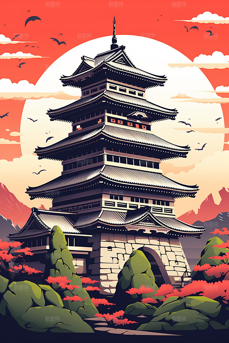 国潮风建筑中式传统风格插画