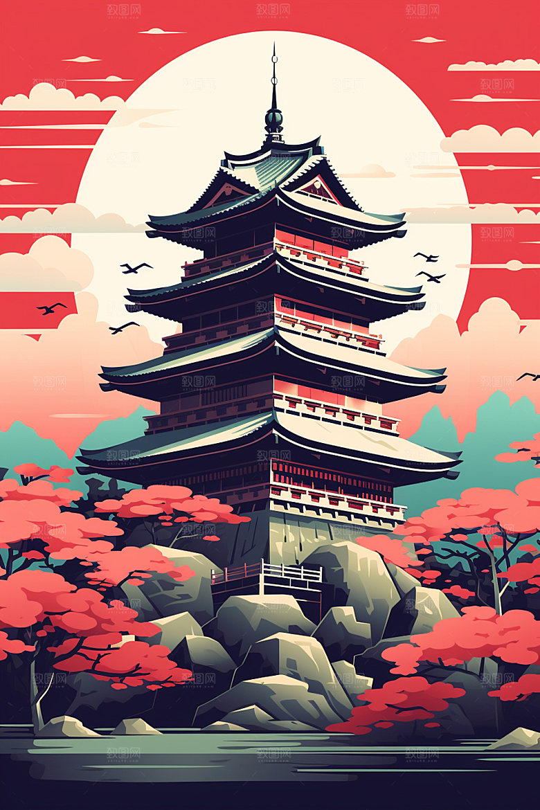 国潮风建筑艺术中国风插画