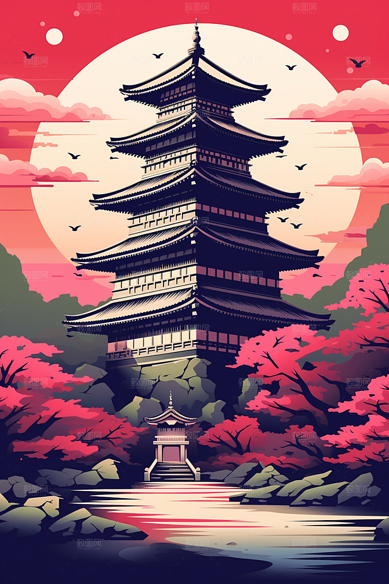 国潮风建筑亭台楼阁传统风格插画