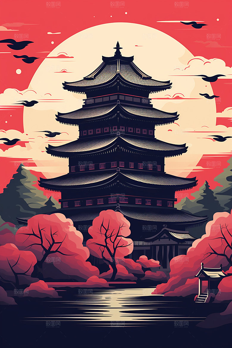 国潮风建筑传统风格中式插画
