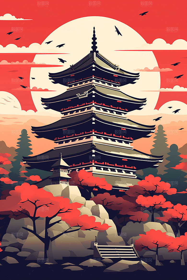 国潮风建筑艺术传统风格插画